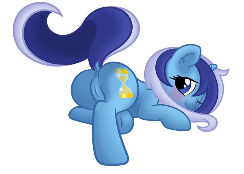 2013 blue_fur blush butt colgate_(mlp) cutie_mark dewlshock equine female friendship_is_magic fur horn horse lying minuette my_little_pony pony pussy solo two_tone_hair unicorn