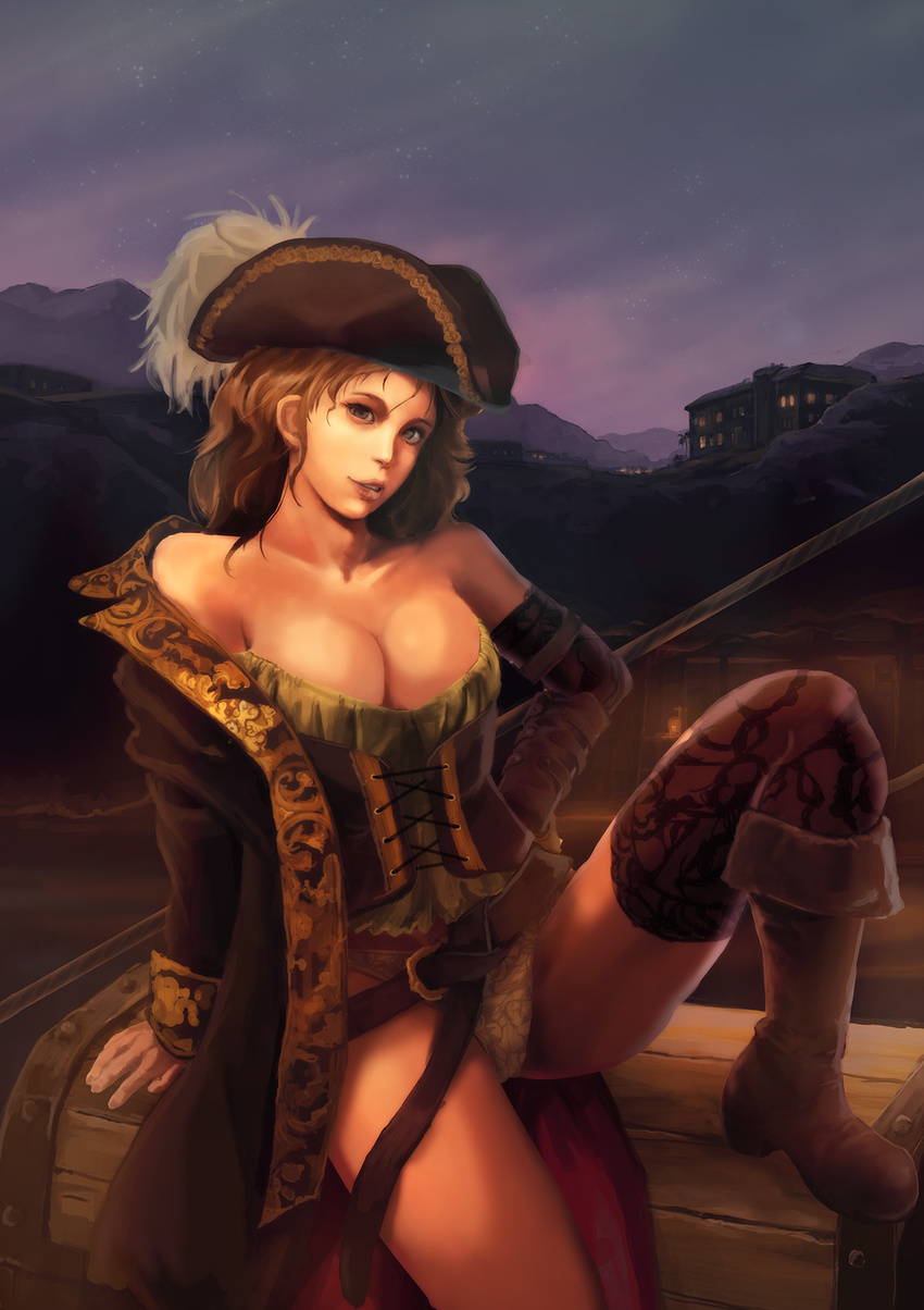 bare_shoulders blz boots breasts brown_hair cleavage corset green_eyes hat highres large_breasts lips long_hair looking_at_viewer original panties pirate sitting smile solo thighhighs treasure_chest tricorne underwear