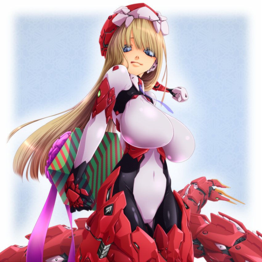 :q blonde_hair blue_eyes bodysuit breasts christmas covered_navel gift hat highres huge_breasts looking_at_viewer mnjs original sagging_breasts santa_hat skin_tight slit_pupils snake solo tongue tongue_out