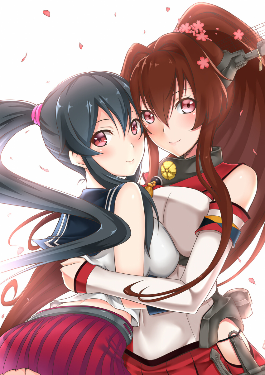 anchor black_hair breast_press breasts brown_hair hair_ornament highres hug kantai_collection large_breasts long_hair miniskirt mizuse_kouichi multiple_girls pink_eyes ponytail red_skirt school_uniform serafuku skirt smile symmetrical_docking upper_body yahagi_(kantai_collection) yamato_(kantai_collection)