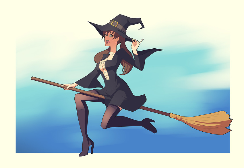 alicia_melchiott alternate_costume black_legwear breasts broom broom_riding brown_eyes brown_hair cleavage flying hat high_heels kuso_otoko medium_breasts open_mouth pinky_out senjou_no_valkyria senjou_no_valkyria_1 solo thighhighs twintails wide_sleeves witch witch_hat