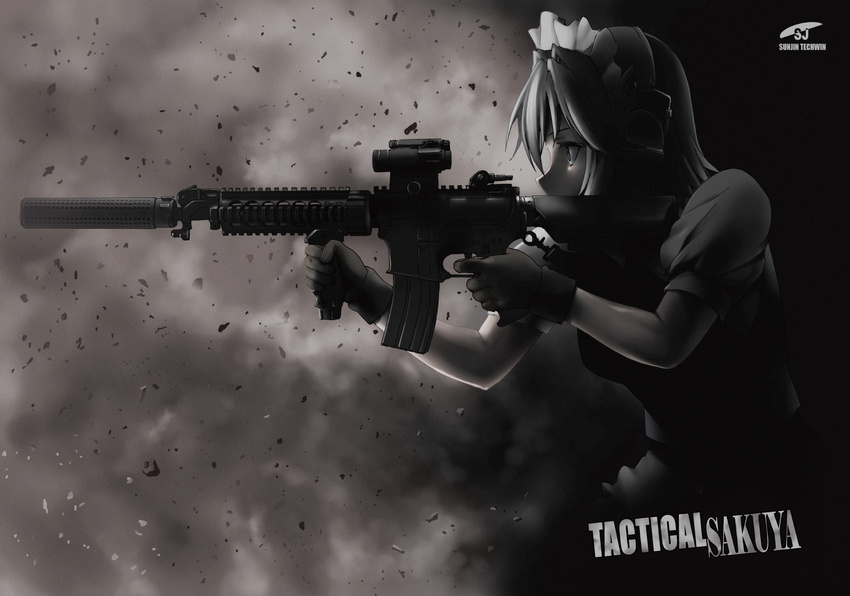 assault_rifle byeontae_jagga gloves gun izayoi_sakuya maid maid_headdress medal_of_honor monochrome profile puffy_sleeves rifle scope shirt short_sleeves solo suppressor touhou upper_body vertical_foregrip vest weapon