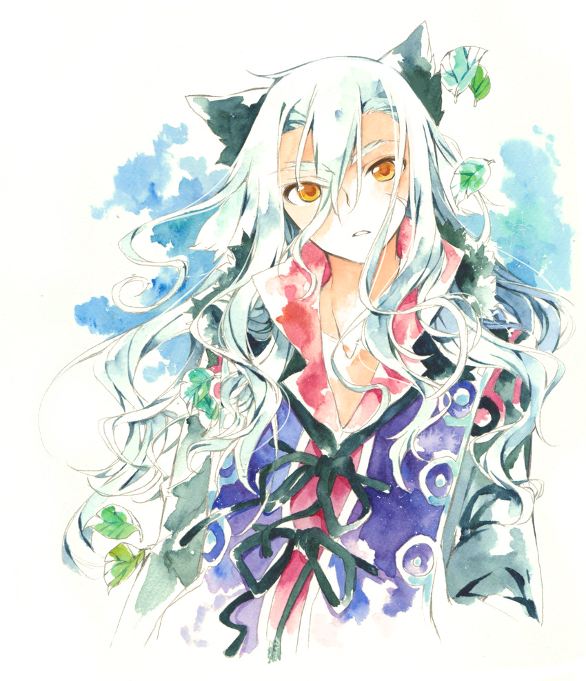 absurdres animal_ears blue_hair diras forked_eyebrows highres horse_boy horse_ears leaf long_hair male_focus oboro_keisuke pale_color ribbon rune_factory rune_factory_4 solo thick_eyebrows yellow_eyes