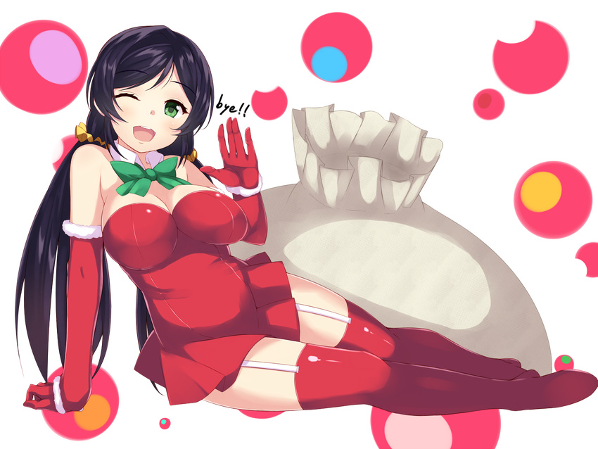 ;d arm_support bare_shoulders black_hair blush boots bow breasts christmas cleavage detached_sleeves dress english full_body fur_trim garter_straps gloves green_eyes large_breasts long_hair love_live! love_live!_school_idol_project one_eye_closed open_mouth ponkotsu_(ayarosu) red_gloves sack santa_costume scrunchie smile solo thigh_boots thighhighs toujou_nozomi transparent_background twintails very_long_hair waving