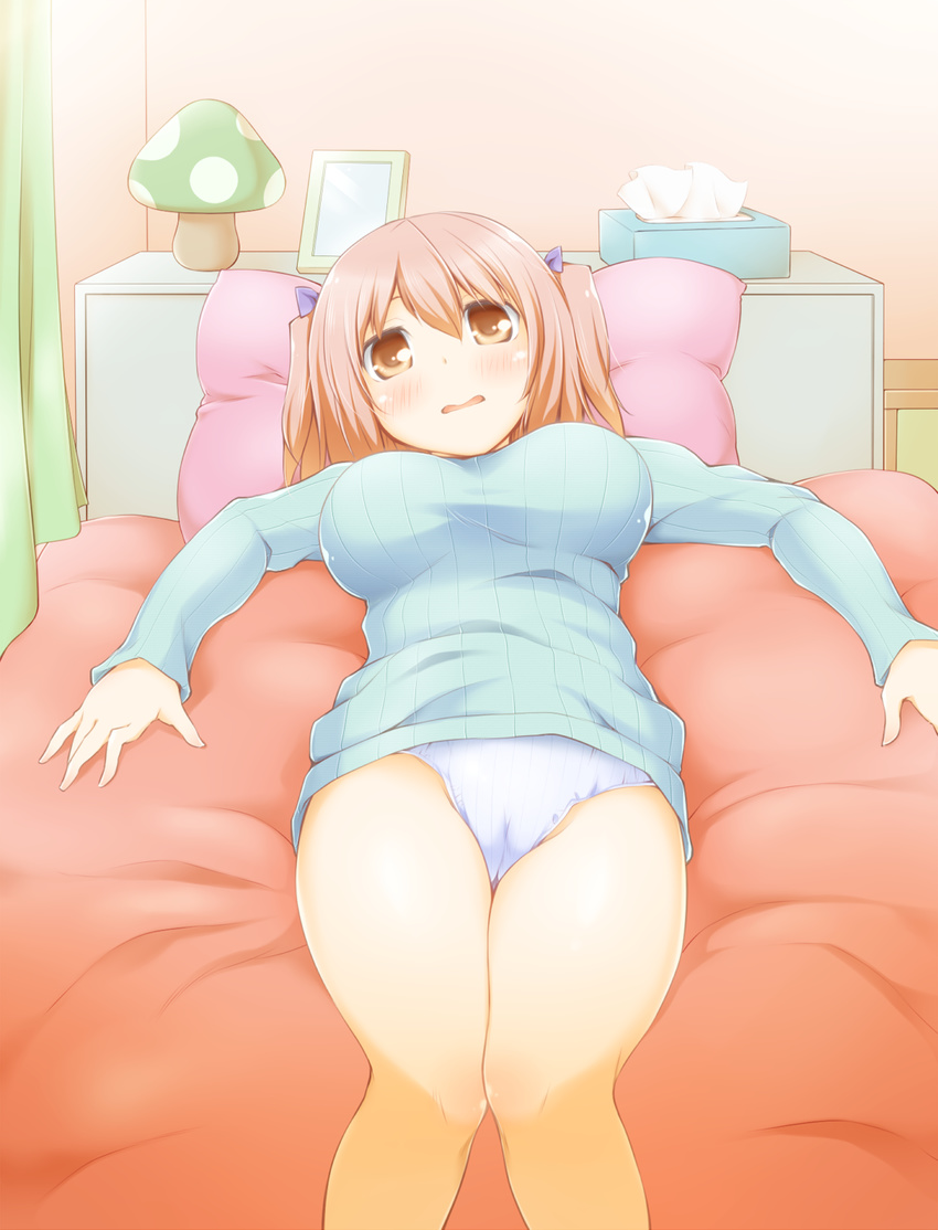 arakawa_tarou bare_legs blush breasts brown_eyes brown_hair curtains hataraku_maou-sama! highres large_breasts lying mushroom on_back on_bed panties pillow sasaki_chiho short_hair short_twintails solo sweater tissue twintails underwear white_panties