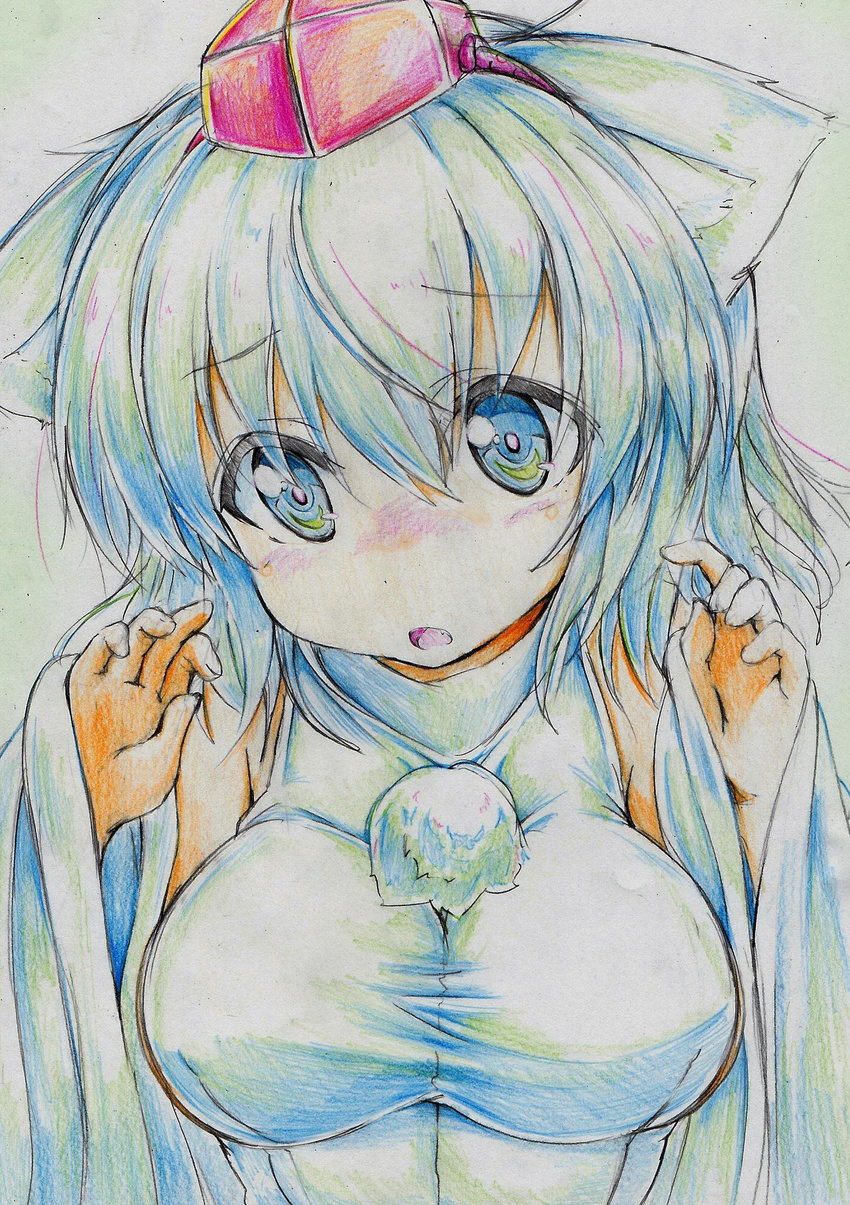 animal_ears blush breasts colored_pencil_(medium) detached_sleeves hat highres inubashiri_momiji kitazinger large_breasts short_hair solo tokin_hat touhou traditional_media white_hair wolf_ears