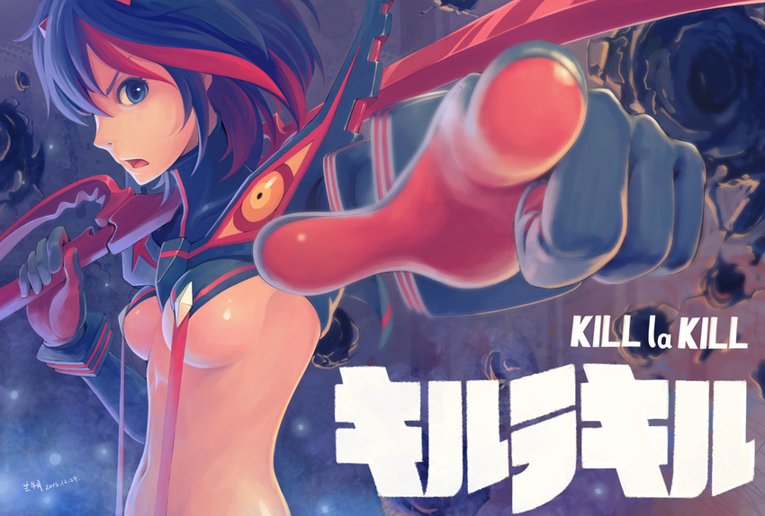 black_hair blue_eyes gloves jpeg_artifacts kill_la_kill matoi_ryuuko navel red_hair short_hair signed sword tyc001x uniform weapon