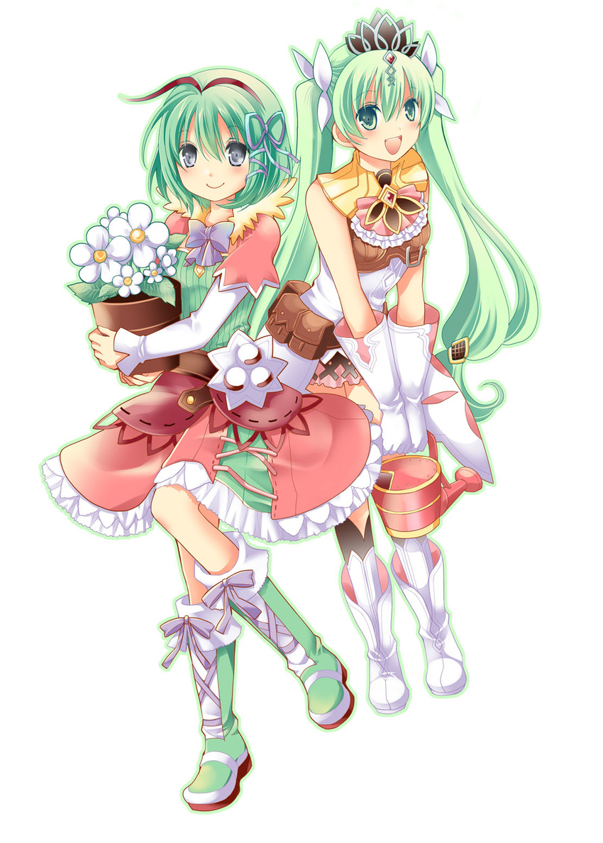 :d blue_eyes boots bow cravat flower frey_(rune_factory) gloves green_eyes green_hair hair_ribbon highres jewelry kohaku_(rune_factory) long_hair miniskirt multiple_girls open_mouth ribbon rune_factory rune_factory_4 short_hair skirt sleeveless smile tiara tinkle2013 twintails watering_can