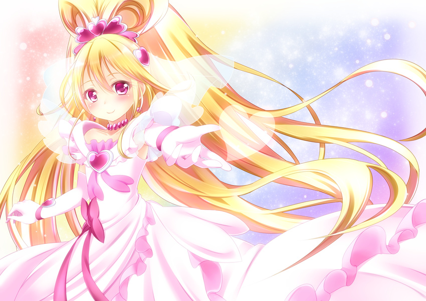 aida_mana bare_shoulders blonde_hair bow brooch choker cure_heart cure_heart_engage_mode curly_hair dokidoki!_precure dress earrings frills gloves hair_ornament half_updo heart heart_hair_ornament highres jewelry long_hair magical_girl outstretched_hand pink_bow pink_eyes ponytail precure rainbow_background ribbon smile solo strapless strapless_dress veil yayayoruyoru