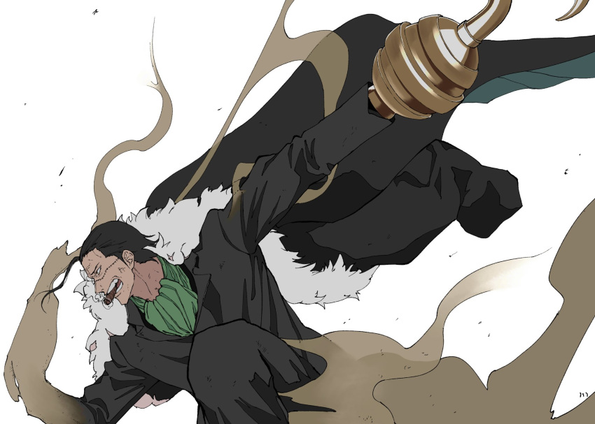 1boy ascot black_hair black_pants black_shirt cigar coat coat_on_shoulders from_side hair_slicked_back highres hook hook_hand male_focus one_piece pants sand scar scar_on_face shirt sir_crocodile smoking solo ufkqz white_background