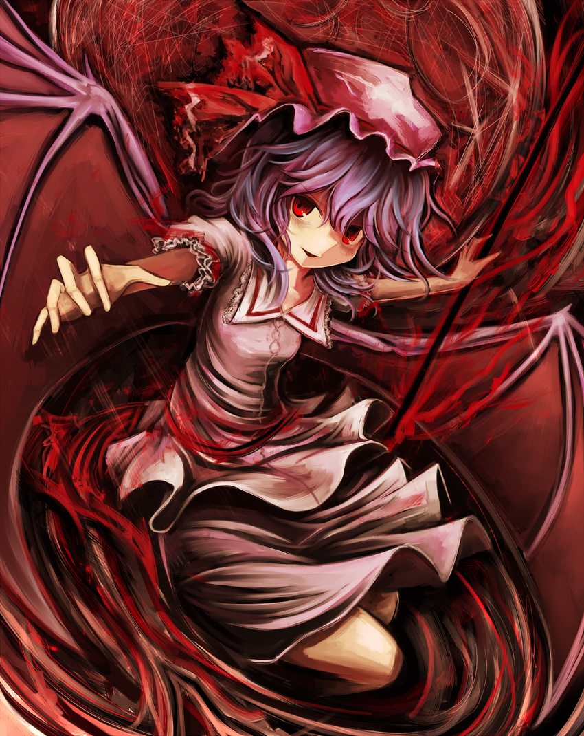 bad_id bad_pixiv_id bat_wings blue_hair hat hat_ribbon highres looking_at_viewer mob_cap momen102_(sji09u) outstretched_arms red_eyes remilia_scarlet ribbon shirt short_sleeves skirt skirt_set solo touhou wings