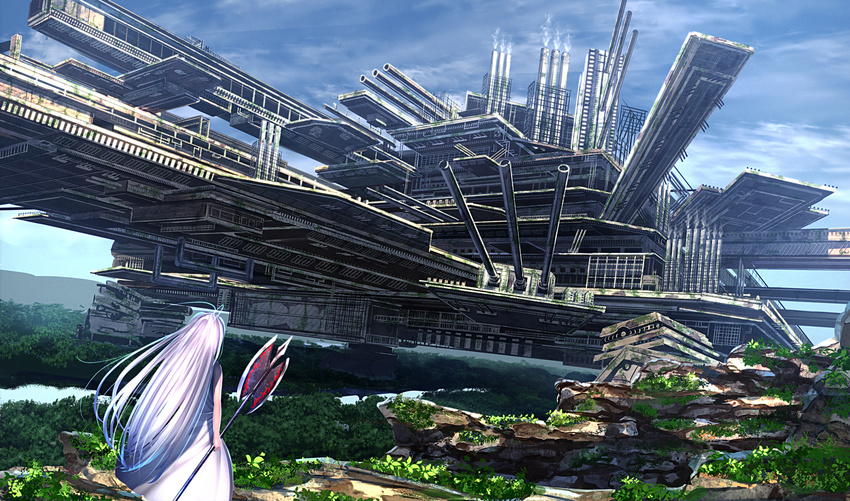 axe battle_axe blue_sky cannon cloud day dress forest fortress haru_(ryosios) highres long_hair nature original overgrown post-apocalypse river ruins ryosios scenery silver_hair sky solo very_long_hair weapon white_dress