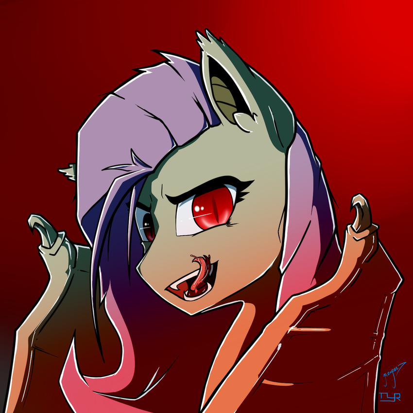 bat_wings equine fangs female feral flutterbat_(mlp) fluttershy_(mlp) friendship_is_magic fur hair horse long_hair looking_at_viewer mammal my_little_pony open_mouth pegasus pink_hair pony red_eyes solo teeth theyoungreaper tongue tongue_out wings yellow_fur