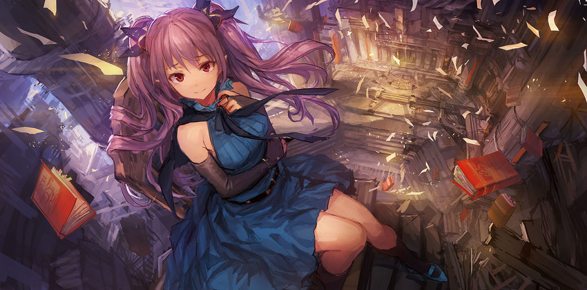 bare_shoulders black_gloves book breasts bridal_gauntlets elbow_gloves gloves highres large_breasts lm7_(op-center) long_hair original pointy_ears purple_hair red_eyes smile solo twintails