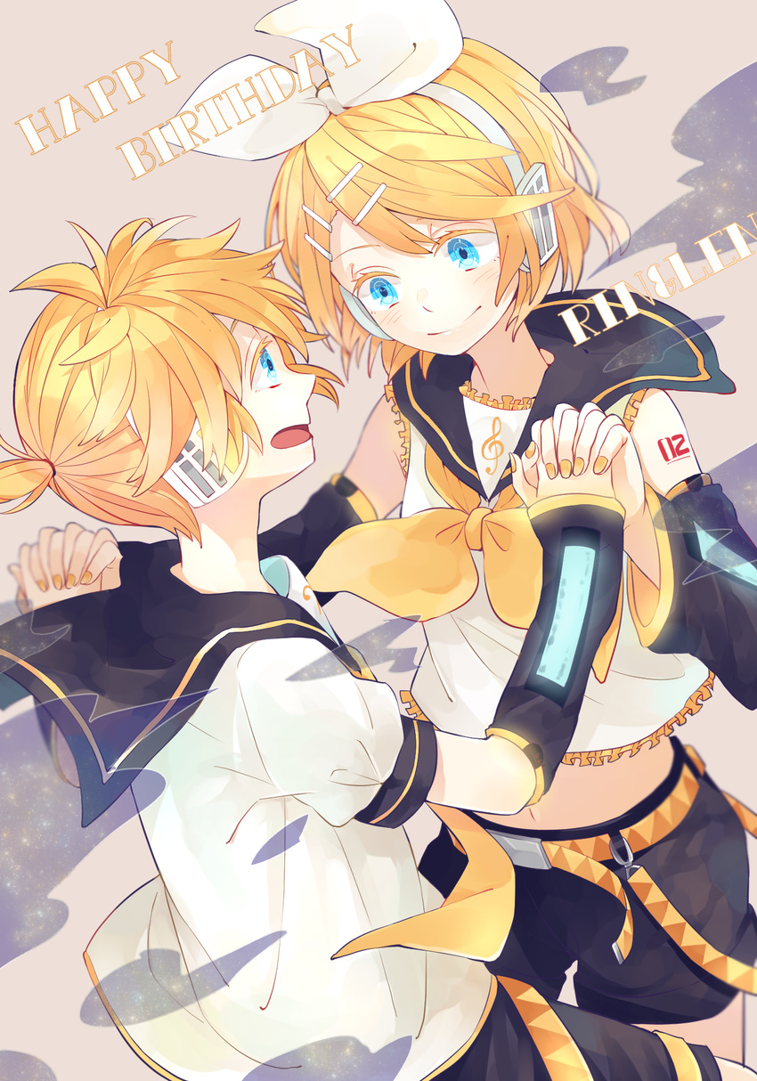 1girl aqua_eyes arm_warmers bad_id bad_pixiv_id blonde_hair blush brother_and_sister bureax3000 eye_contact hair_ornament hair_ribbon hairclip headphones highres holding_hands kagamine_len kagamine_rin looking_at_another navel necktie open_mouth ribbon sailor_collar short_hair shorts siblings smile twins vocaloid yellow_neckwear