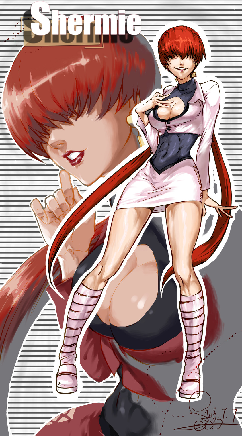 abs absurdres boots breasts character_name cleavage cleavage_cutout covered_navel cropped_jacket earrings hair_over_eyes highres jewelry knee_boots large_breasts leotard lipstick long_hair makeup red_hair shermie signature skirt smile solo spade-m split_ponytail the_king_of_fighters