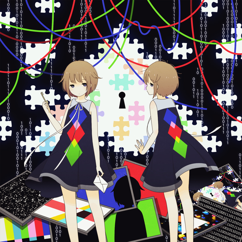 binary black_eyes brown_hair dress envelope jigsaw_puzzle key keyhole long_dress looking_at_viewer looking_back multiple_girls original puzzle puzzle_piece satou_odori silhouette test_card