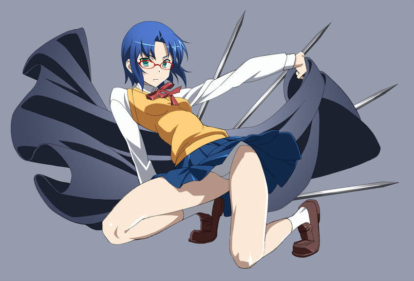 black_keys blazer blue_hair blue_skirt ciel cloak full_body glasses green_eyes grey_background highres jacket kneeling kurai_nao legs loafers long_legs long_sleeves looking_at_viewer panties pantyshot red-framed_eyewear red_ribbon ribbon school_uniform shirt shoes short_hair sidelocks simple_background skirt socks solo tsukihime underwear white_panties white_shirt