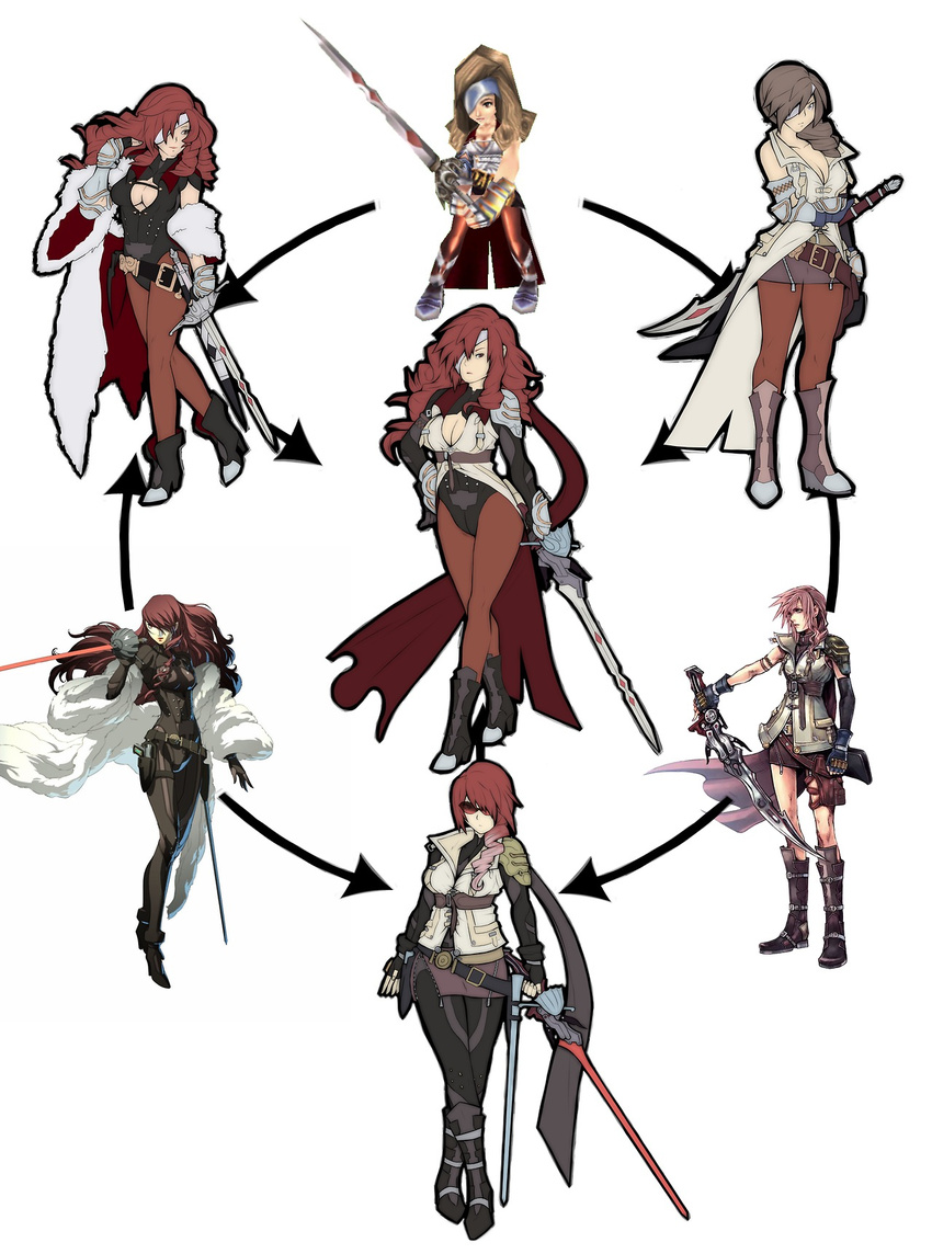 antiheld bad_id bad_tumblr_id beatrix breasts chimerism cleavage crossed_legs drill_hair eyepatch final_fantasy final_fantasy_ix final_fantasy_xiii fusion gradient_hair hair_over_one_eye hand_on_hip hexafusion highres kirijou_mitsuru large_breasts lightning_farron long_hair multicolored_hair multiple_girls pantyhose persona persona_3 persona_4:_the_ultimate_in_mayonaka_arena pink_hair rapier red_hair red_legwear ringlets skirt sunglasses sword watson_cross weapon