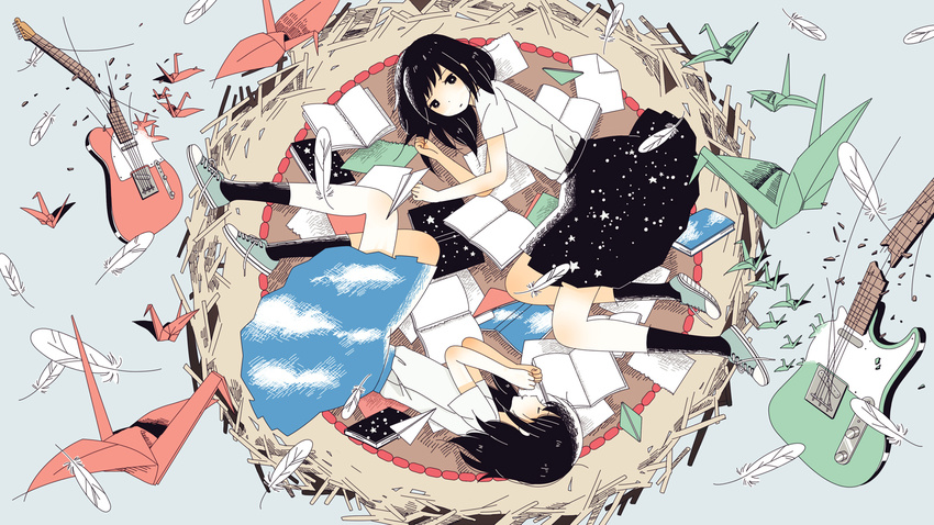 bird_nest black_eyes black_hair book electric_guitar feathers guitar highres instrument long_skirt looking_at_viewer multiple_girls origami original paper_crane satou_odori school_uniform skirt sleeping