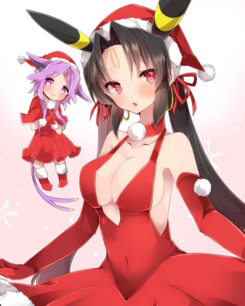 animal_ears bare_shoulders black_hair blush breasts chibi choker christmas cleavage elbow_gloves espeon flying forked_tail gen_2_pokemon gloves hat highres large_breasts long_hair multiple_girls personification pokemon purple_eyes purple_hair red_eyes red_gloves santa_hat tail takeshima_(nia) twintails umbreon
