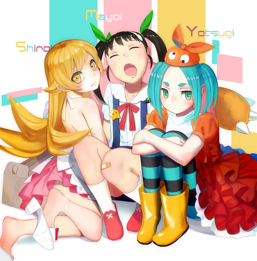 aqua_hair bad_id bad_pixiv_id bandaid bandaid_on_knee black_hair blonde_hair closed_eyes dress eyebrows green_eyes hachikuji_mayoi hat highres long_hair monogatari_(series) multiple_girls onimonogatari ononoki_yotsugi oshino_shinobu pantyhose ryuuama short_eyebrows short_hair striped striped_legwear suspenders twintails yellow_eyes