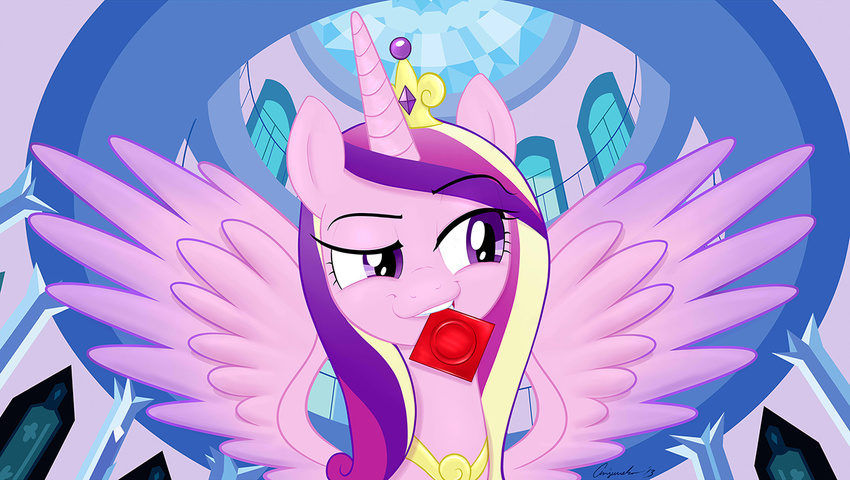 condom condom_in_mouth crown equine female feral friendship_is_magic hair hazama horn horse inside long_hair mammal multi-colored_hair my_little_pony naughty_face pony princess_cadance_(mlp) purple_eyes smile smirk solo suggestive wing_boner winged_unicorn wings