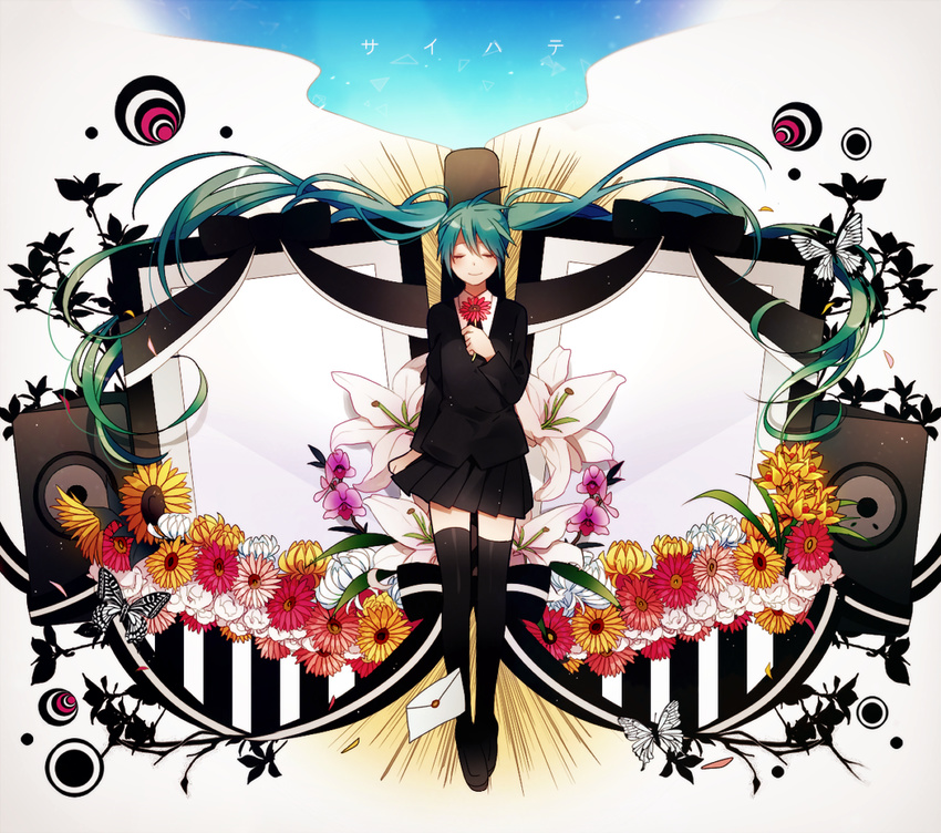 bug butterfly closed_eyes envelope floating_hair flower green_hair hatsune_miku insect long_hair saihate_(vocaloid) skirt solo speaker thighhighs twintails very_long_hair vocaloid yori_(y_rsy)