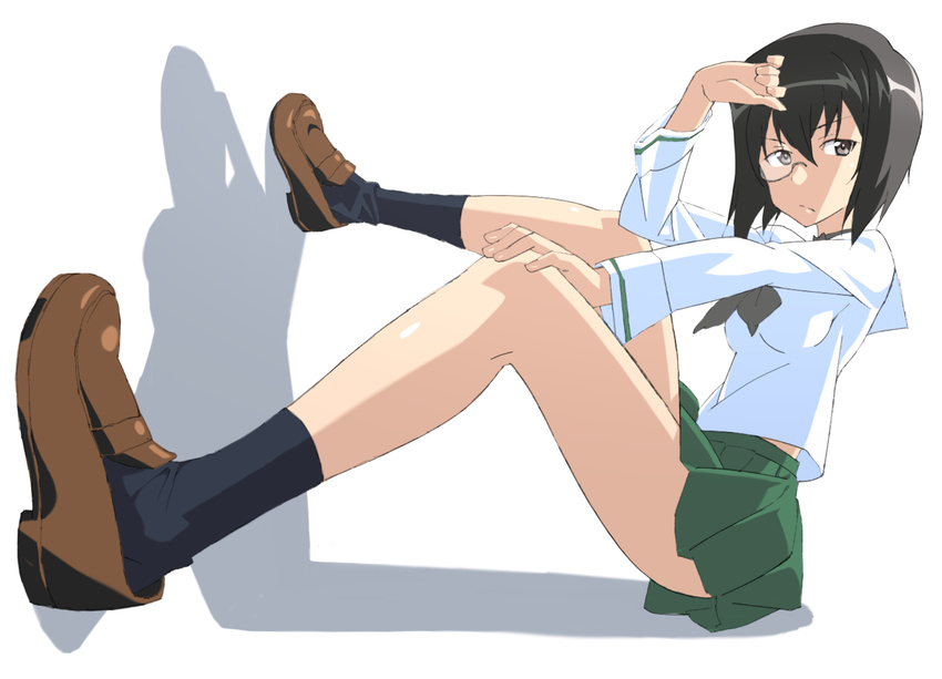 black_hair brown_eyes choker feet_on_wall foreshortening from_side full_body girls_und_panzer green_skirt hair_between_eyes hand_on_own_head hand_on_own_knee highres kawashima_momo kurai_nao legs loafers long_legs long_sleeves looking_back monocle ooarai_school_uniform pleated_skirt school_uniform shadow shirt shoes short_hair simple_background sitting skirt socks solo thighs untucked_shirt white_background