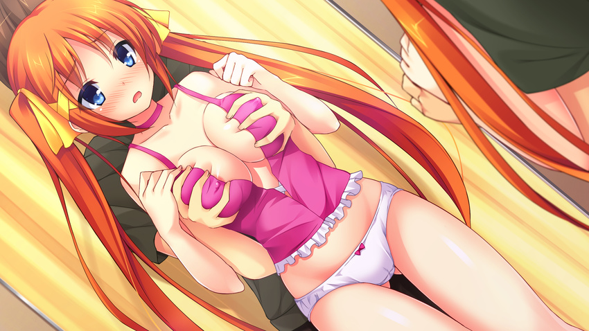 blue_eyes blush breast_grab chiri_(atlanta) chuablesoft game_cg hinohara_kei long_hair no_bra orange_hair panties twintails underwear wagaya_no_himegami-sama!