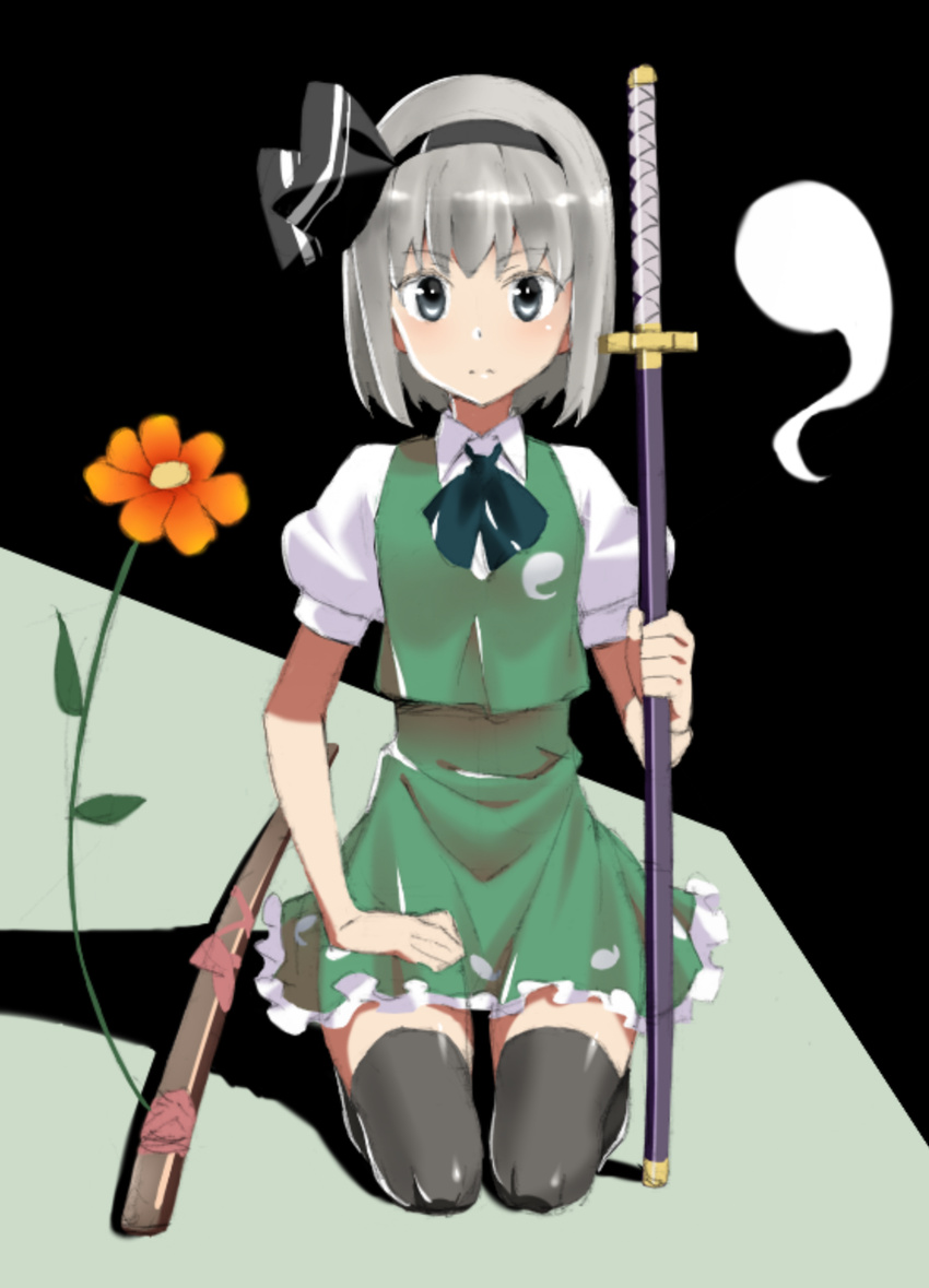 ascot black_legwear dress flower frilled_dress frills green_skirt grey_eyes hair_ribbon hand_on_lap highres holding holding_sword holding_weapon katana konpaku_youmu konpaku_youmu_(ghost) kurai_nao looking_at_viewer ribbon seiza shadow sheath shirt short_sleeves silver_hair sitting skirt solo sword thighhighs touhou two-tone_background vest weapon white_shirt