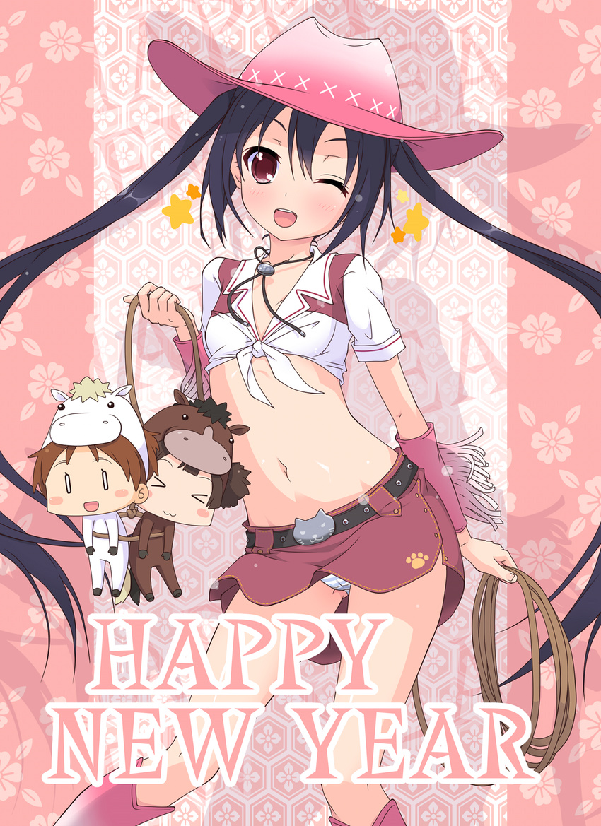 ;d animal_costume belt black_hair blush bolo_tie boots breasts brown_eyes brown_hair cameltoe chibi contrapposto cowboy_boots cowboy_hat flat_chest front-tie_top gloves hat highres hirasawa_ui horse_costume k-on! k10k long_hair looking_at_viewer midriff miniskirt multiple_girls nakano_azusa navel one_eye_closed open_mouth panties ponytail rope shiny shiny_skin shirt short_hair skirt smile standing striped striped_panties suzuki_jun tied_shirt twintails underwear upskirt western