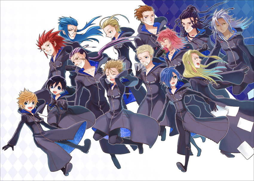 6+girls akizuno antenna_hair axel_(kingdom_hearts) bad_id bad_pixiv_id beard black_coat_(kingdom_hearts) black_hair blonde_hair blue_eyes blue_hair boots brown_eyes brown_hair card cloak closed_eyes dark_skin demyx eyepatch facial_hair facial_mark flower gloves green_eyes grey_hair hair_over_one_eye kingdom_hearts kingdom_hearts_358/2_days larxene lexaeus long_hair luxord marluxia multiple_girls one_eye_closed organization_xiii papers petals pink_hair pointy_ears ponytail purple_eyes red_hair roxas saix scar short_hair sideburns silver_hair vexen wrist_grab xaldin xemnas xigbar xion_(kingdom_hearts) yellow_eyes zexion