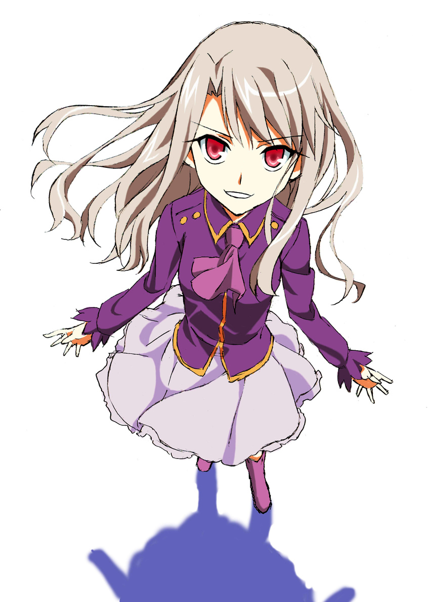 absurdres ascot boots fate/stay_night fate_(series) foreshortening from_above highres illyasviel_von_einzbern kurai_nao lavender_skirt long_hair long_sleeves looking_at_viewer purple_footwear purple_shirt red_eyes shadow shirt silver_hair simple_background snake_mouth solo spread_fingers white_background