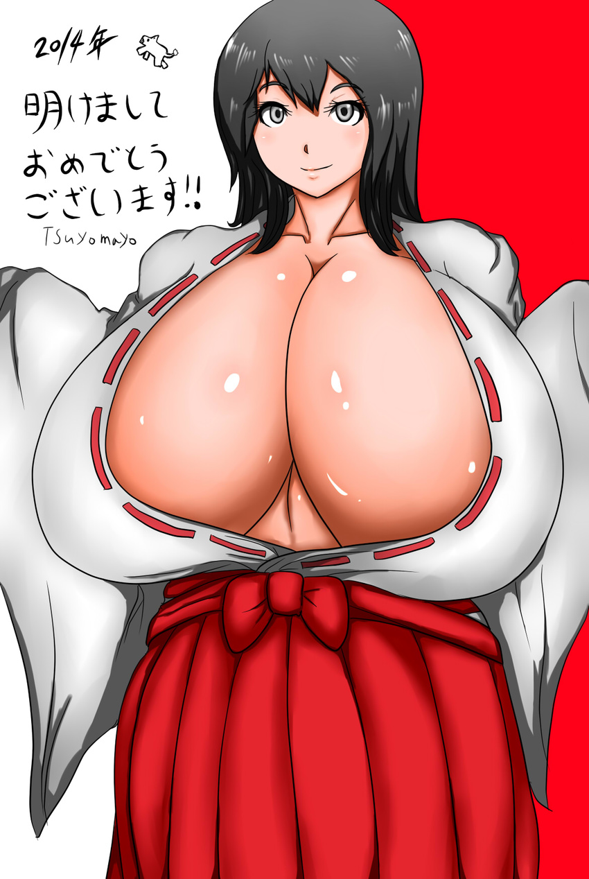 1girl 2014 black_hair breasts cleavage female gigantic_breasts highres japanese_clothes long_hair long_skirt miko new_year no_bra silver_eyes simple_background skirt solo standing translated tsuyomayo