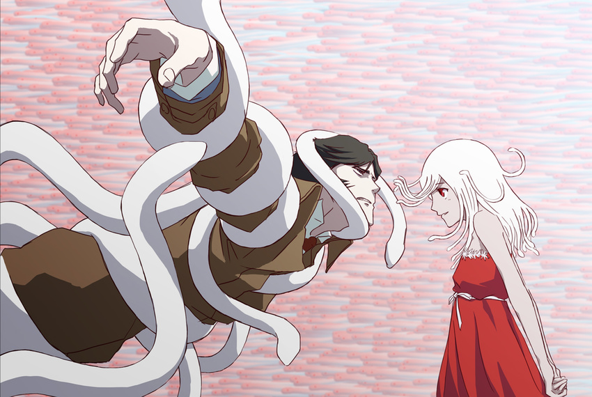 1girl arms_behind_back bare_shoulders bdsm black_eyes black_hair bondage bound bound_arms dress eye_contact gangan0605 kaiki_deishuu koimonogatari kuchinawa long_hair looking_at_another monogatari_(series) sengoku_nadeko short_hair sleeveless snake snake_hair trench_coat white_hair