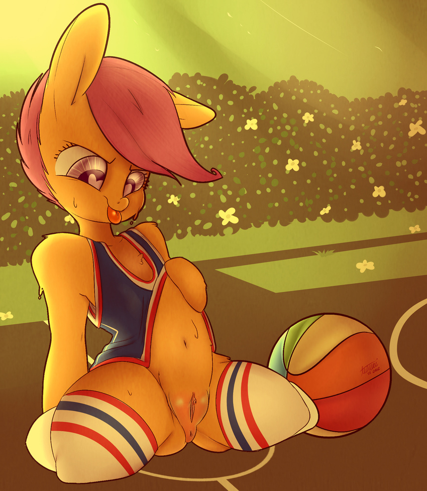 anthro anthrofied anus clothing equine female friendship_is_magic fur hair horse mammal my_little_pony navel orange_fur pony purple_eyes purple_hair pussy scootaloo_(mlp) socks solo sweat tesuai tongue