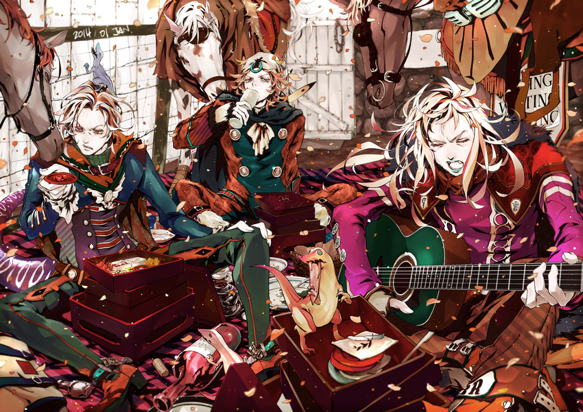 acoustic_guitar aviquaimots blonde_hair bottle confetti diego_brando dinosaur drinking guitar gyro_zeppeli hat highres horse instrument johnny_joestar jojo_no_kimyou_na_bouken liquor multiple_boys music new_year playing_instrument scary_monsters_(stand) sitting steel_ball_run