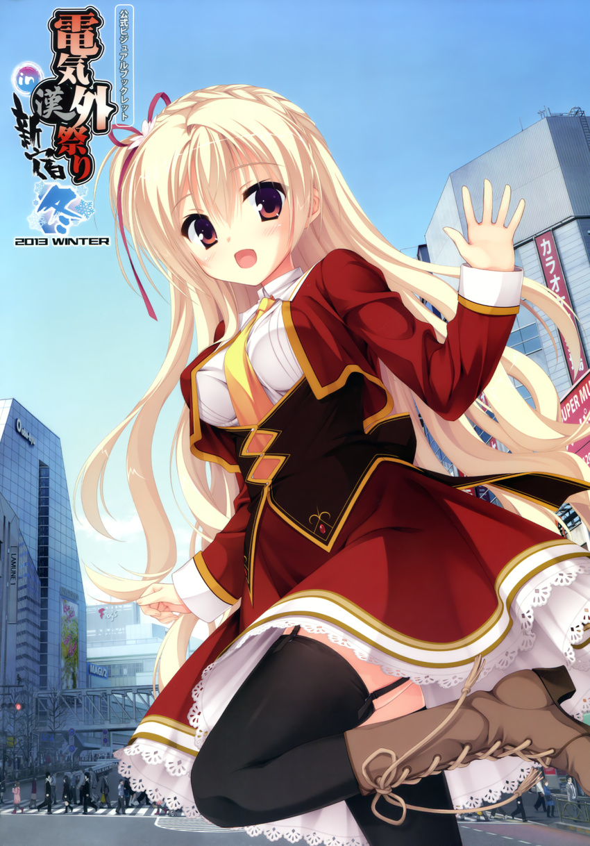 :d :o absurdres amairo_islenauts black_legwear blonde_hair blue_sky boots breasts brown_footwear building cityscape day dress fingers garter_straps highres knee_boots kobuichi long_sleeves looking_at_viewer medium_breasts necktie open_mouth outdoors palms real_world_location red_dress red_eyes school_uniform shinjuku shirley_warwick sky smile thighhighs tokyo_(city) underbust walking waving zettai_ryouiki