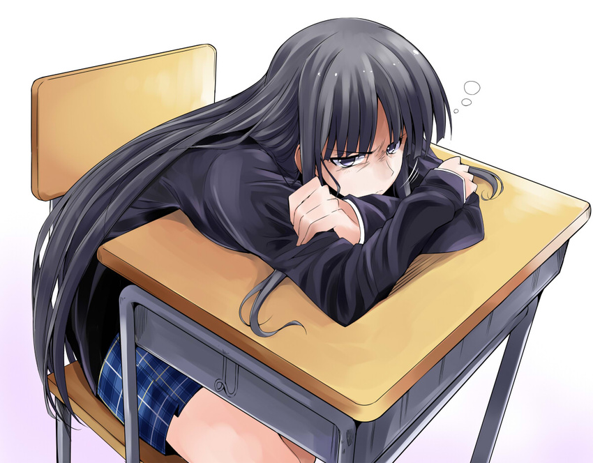 angry bibi black_hair desk glaring long_hair school_uniform skirt solo touma_kazusa white_album_2