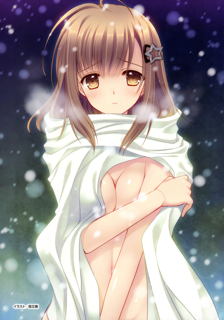 absurdres breasts breath brown_eyes brown_hair cleavage covering covering_breasts exhibitionism hair_ornament hairclip highres large_breasts looking_at_viewer naked_cloak nishimata_aoi no_bra oretachi_ni_tsubasa_wa_nai sad snowing star star_hair_ornament tamaizumi_hiyoko