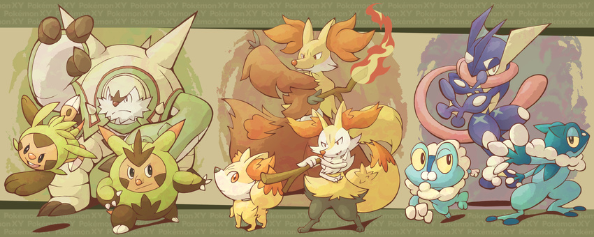 braixen chesnaught chespin delphox fennekin froakie frogadier greninja highres kajimaru_(untindo) pokemon pokemon_(game) pokemon_xy quilladin