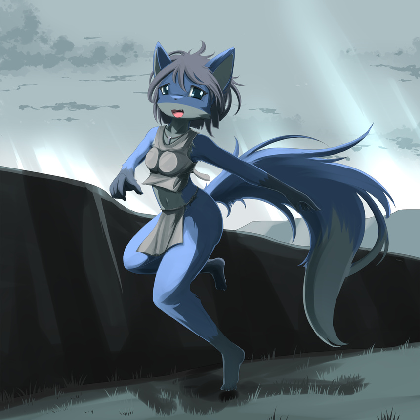 5_toes anthro black_nose blue_fur breasts canine clothing cloud clouds detailed_background female fox fur grass green_eyes grey_hair hair katoa_shippo looking_at_viewer mammal mountain necklace open_mouth outside short_hair sky solo toes white_fur