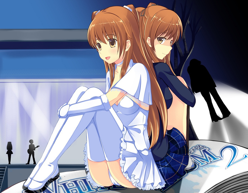 :d breasts brown_eyes brown_hair dual_persona elbow_gloves gloves guitar hug instrument kitahara_haruki long_hair long_legs multiple_girls ogiso_setsuna open_mouth panties silhouette sitting small_breasts smile thighhighs touma_kazusa two_side_up underwear wanruo_jifeng white_album_2 white_gloves white_legwear white_panties
