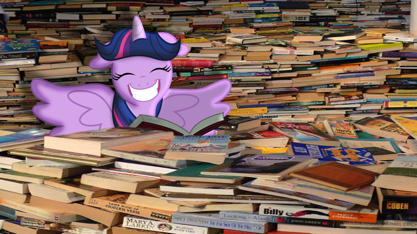 2013 big_smile book english_text equine eyes_closed female friendship_is_magic hair happy horn horse macgrubor mammal my_little_pony ponies_in_real_life pony purple_hair smile solo text twilight_sparkle_(mlp) wallpaper widescreen winged_unicorn wings