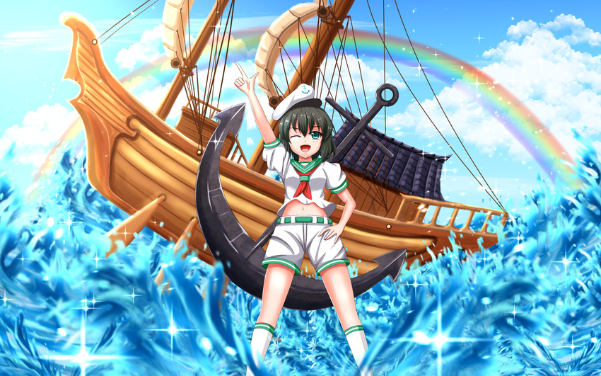 ;d anchor anchor_symbol bad_id bad_pixiv_id black_hair cloud day green_eyes hat highres midriff murasa_minamitsu neckerchief ocean one_eye_closed open_mouth oversized_object palanquin_ship pointing pointing_up rainbow sailor sailor_collar sailor_hat ship short_hair smile socks solo sparkle tasogare_(ddfftasogare) touhou watercraft