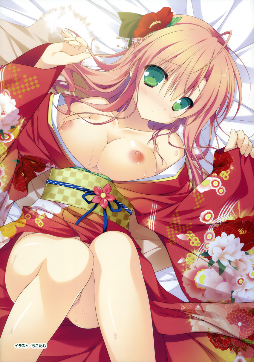 absurdres bare_shoulders bed_sheet blush breasts breasts_outside brown_hair chikotam cleavage clover_days collarbone floral_print from_above furisode green_eyes hair_between_eyes highres japanese_clothes kimono large_breasts long_sleeves looking_at_viewer lying nipples no_bra no_panties on_back open_clothes open_kimono rindo_tsubame smile sweatdrop wide_sleeves