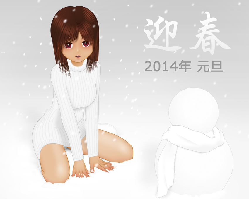 2014 acerbi brown_eyes brown_hair new_year original short_hair snow snowman solo sweater
