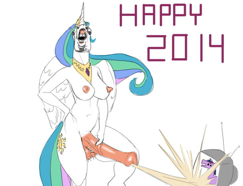 animal_genitalia anthro balls breasts cum cumshot derp dickgirl english_text equine erection female flared_penis friendship_is_magic gums holidays horn horse horsecock humor intersex looking_at_viewer mammal masturbation my_little_pony new_year nipples nude orgasm penis plain_background pony princess princess_celestia_(mlp) pubes royalty teeth television text twilight_sparkle_(mlp) unknown_artist what white_background winged_unicorn wings
