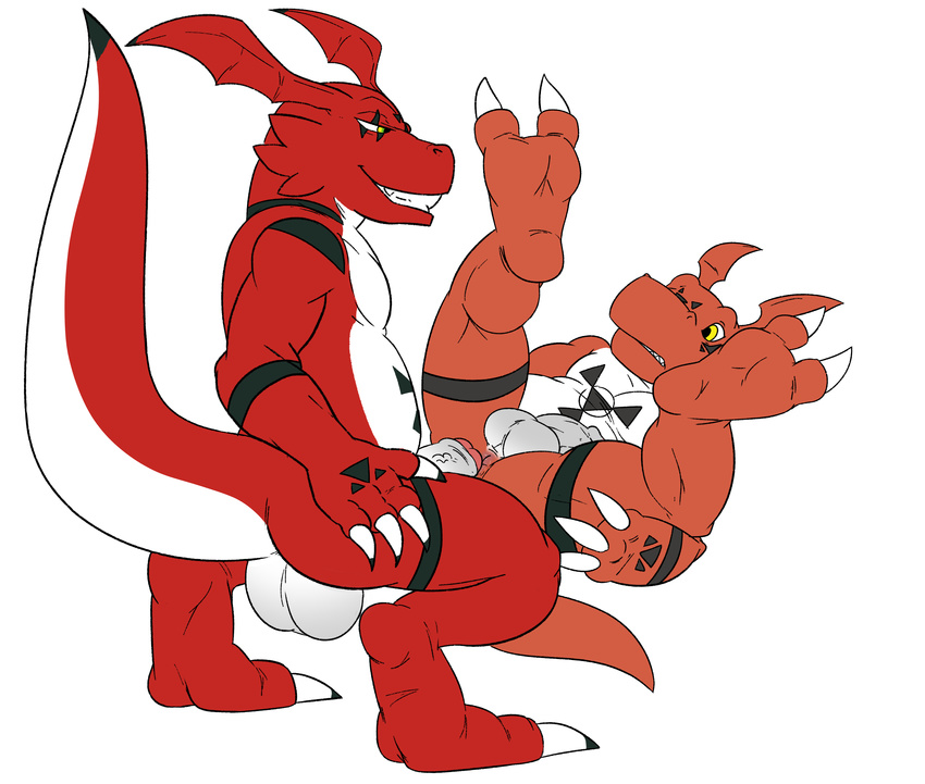 anal anthro balls big_balls body_markings claws digimon duo erection gay guilmon guilmonboy jerseydevil jerseydevil_(artist) legs_up lying male markings nude on_back penis plain_background scalie two_toes white_background yellow_eyes